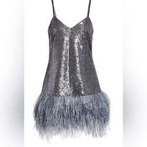 Cinq à Sept Silver Sequin Dress with Feather Hem